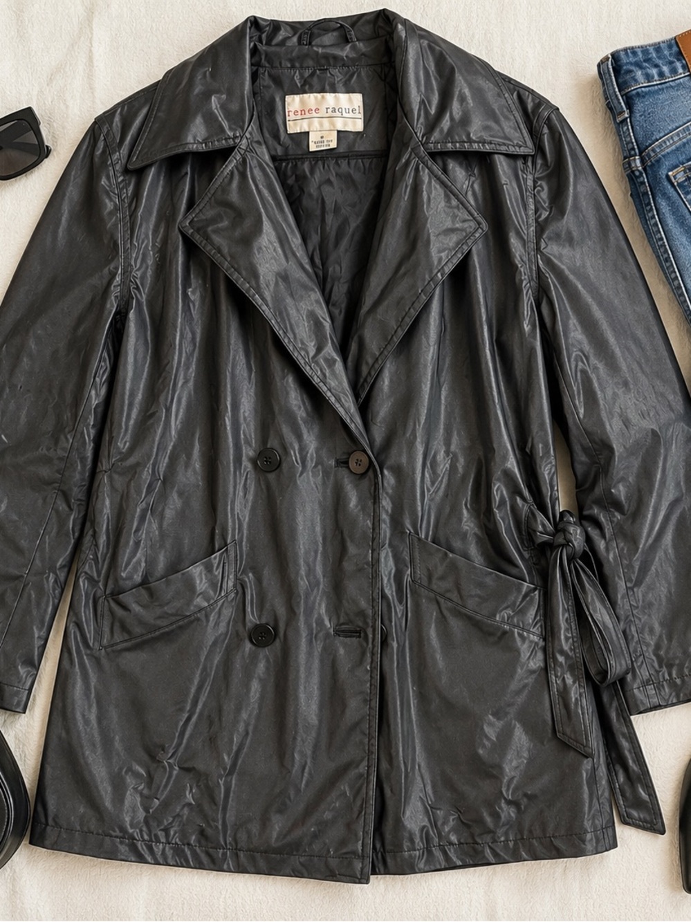 Renee Raquel Black Faux Leather Belted Trench Coat